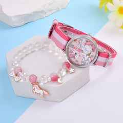 Cartoon Unicorn Girls Watch & Crystal Beaded Bracelet Set