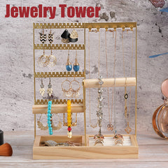 Jewelry Display Rack with Wooden Base Tray - Organize Jewelry