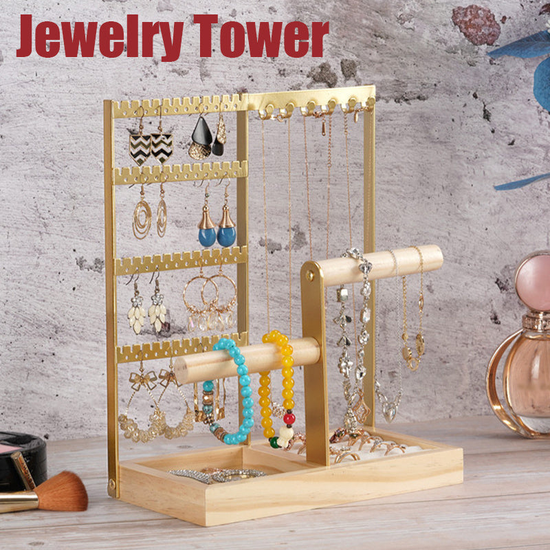 Jewelry Display Rack with Wooden Base Tray - Organize Jewelry