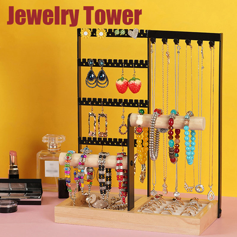 Jewelry Display Rack with Wooden Base Tray - Organize Jewelry