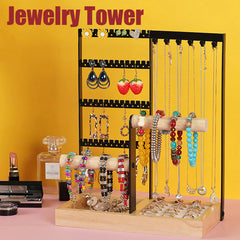 Jewelry Display Rack with Wooden Base Tray - Organize Jewelry