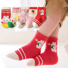 5 Pairs Cartoon Strawberry Pattern Socks for Baby Girls - Spring Autumn