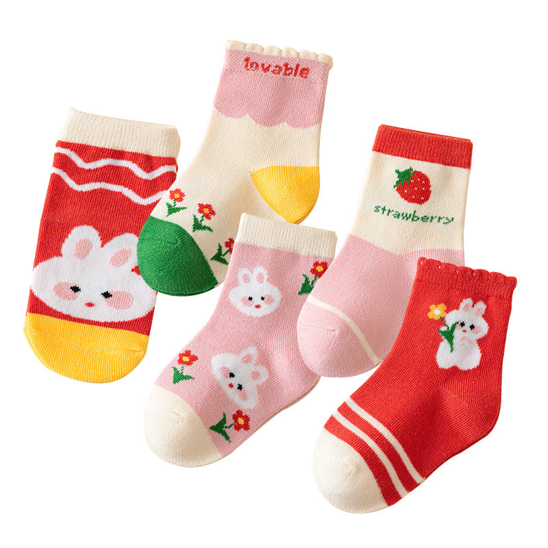 5 Pairs Cartoon Strawberry Pattern Socks for Baby Girls - Spring Autumn