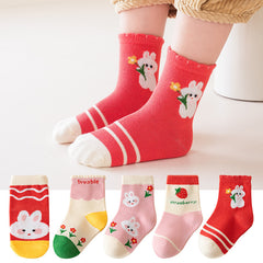 5 Pairs Cartoon Strawberry Pattern Socks for Baby Girls - Spring Autumn