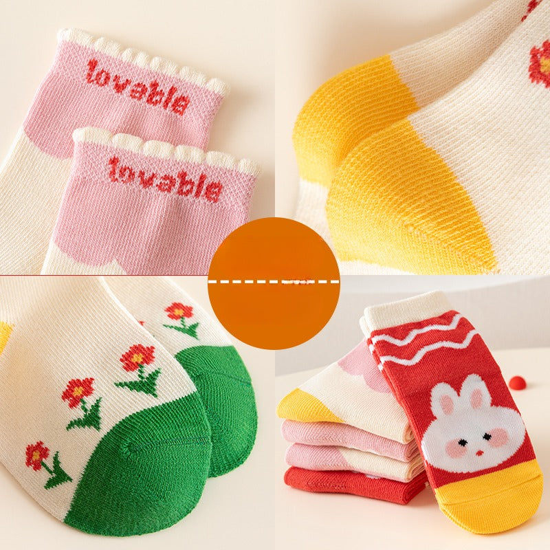 5 Pairs Cartoon Strawberry Pattern Socks for Baby Girls - Spring Autumn