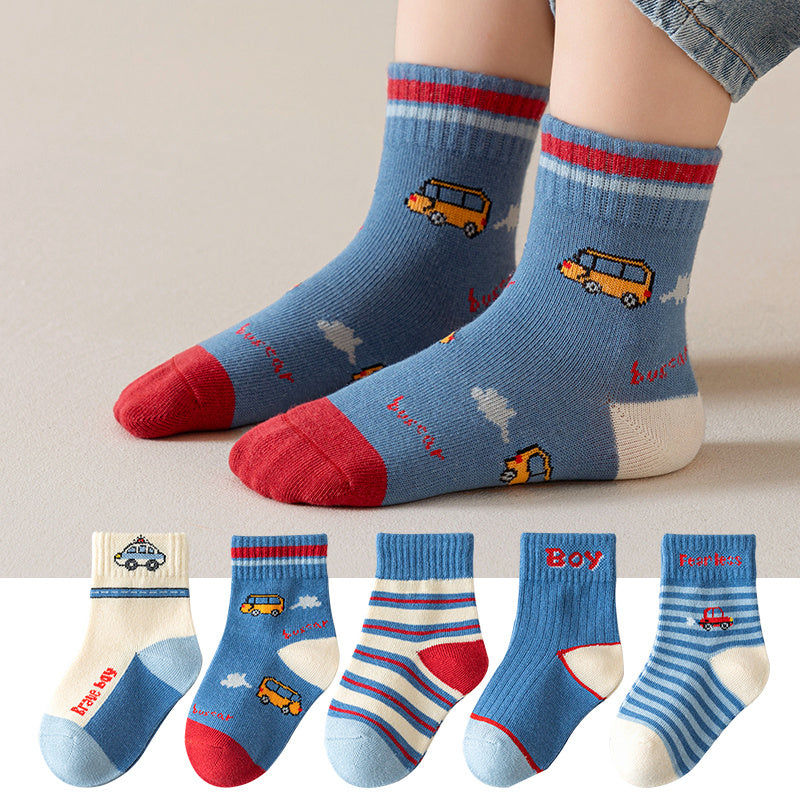 5 Pairs Boys Cartoon Car Crew Socks for Spring Autumn