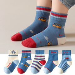 5 Pairs Boys Cartoon Car Crew Socks for Spring Autumn