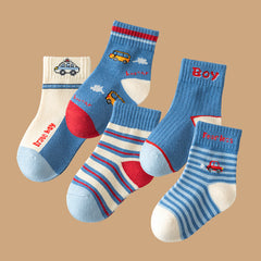 5 Pairs Boys Cartoon Car Crew Socks for Spring Autumn
