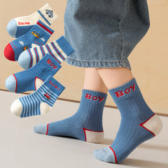 5 Pairs Boys Cartoon Car Crew Socks for Spring Autumn