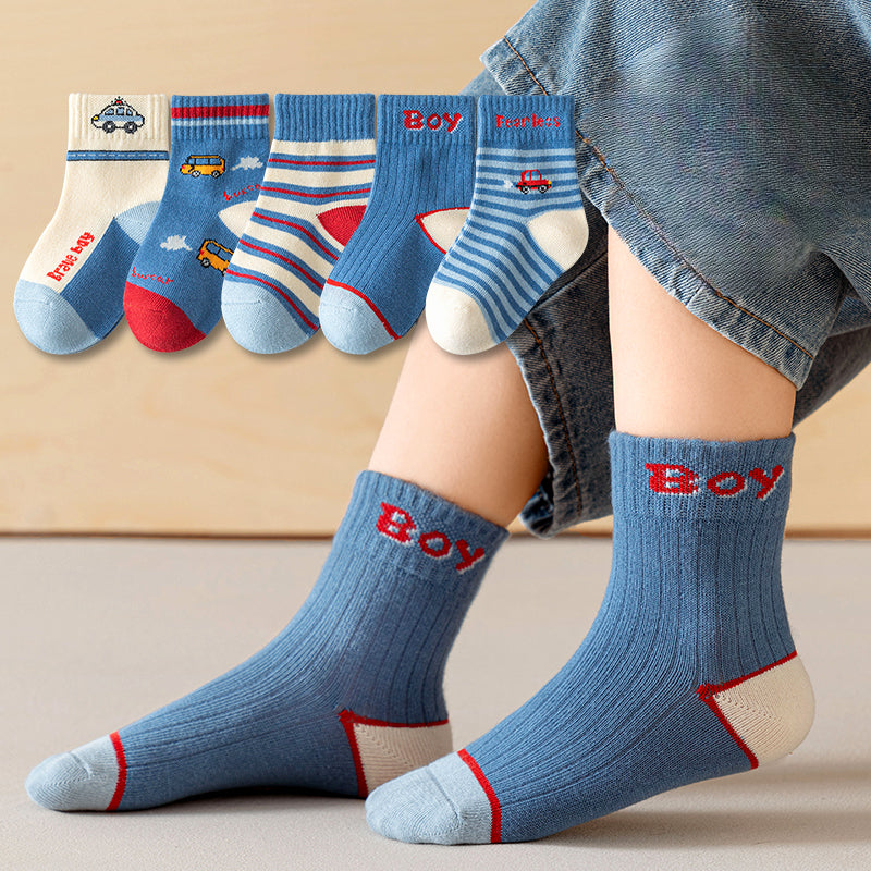 5 Pairs Boys Cartoon Car Crew Socks for Spring Autumn