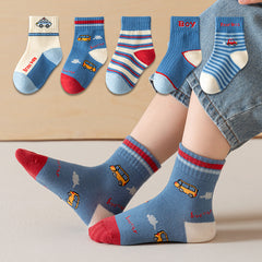 5 Pairs Boys Cartoon Car Crew Socks for Spring Autumn