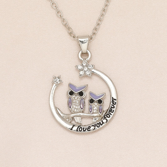 Purple Owl Moon Pendant Necklace For Women Girls Birthday Christmas Gift