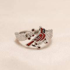 Red Bird With Red Fruit Open Adjustable Ring For Women Girls