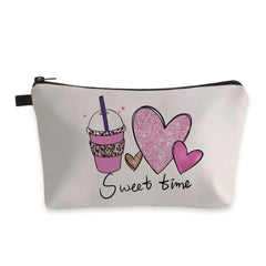 Coffee Heart Cosmetic Bag Sweet Time Letter Print Small Makeup Organizer
