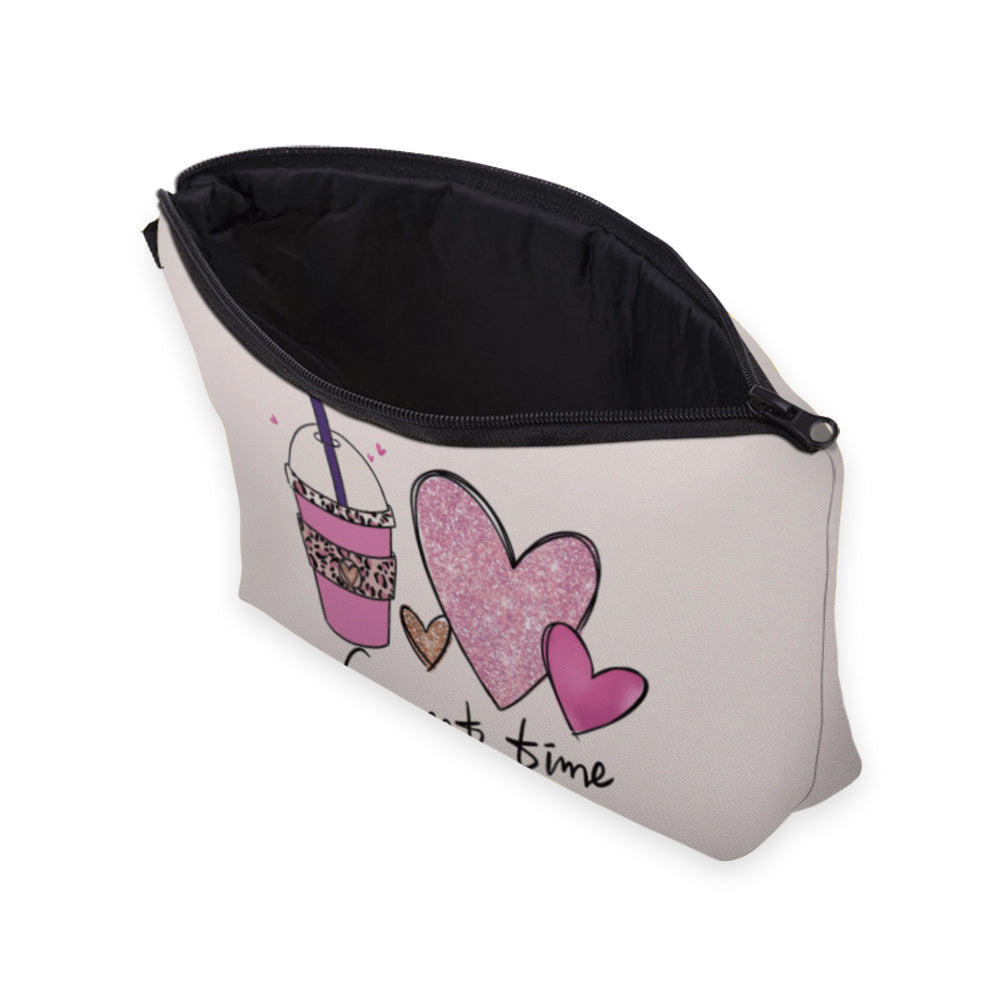 Coffee Heart Cosmetic Bag Sweet Time Letter Print Small Makeup Organizer