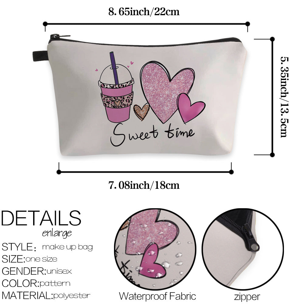 Coffee Heart Cosmetic Bag Sweet Time Letter Print Small Makeup Organizer