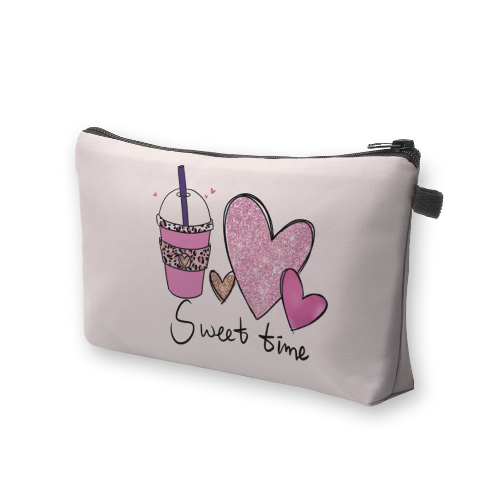 Coffee Heart Cosmetic Bag Sweet Time Letter Print Small Makeup Organizer
