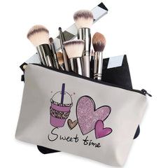Coffee Heart Cosmetic Bag Sweet Time Letter Print Small Makeup Organizer