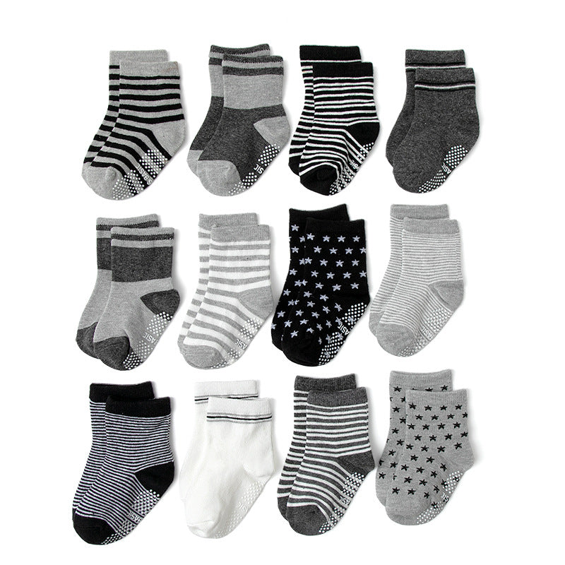 12 Pairs Baby Boys Striped Anti-skid Crew Socks
