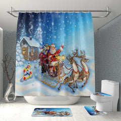 Christmas Shower Curtain Set Santa Reindeer Snowman Print Toilet Seat Cover