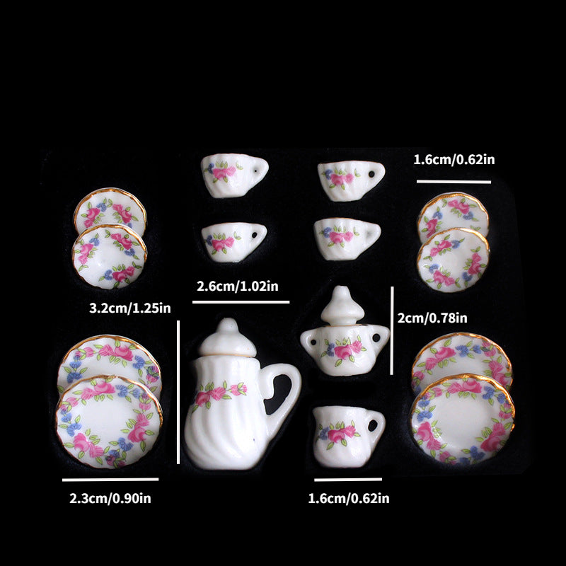 15pcs Mini Ceramic Tea Set Tea Cup Dollhouse Accessory