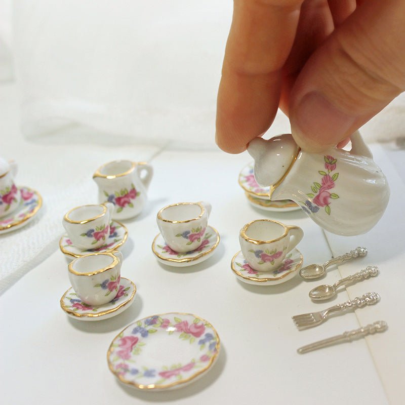 15pcs Mini Ceramic Tea Set Tea Cup Dollhouse Accessory
