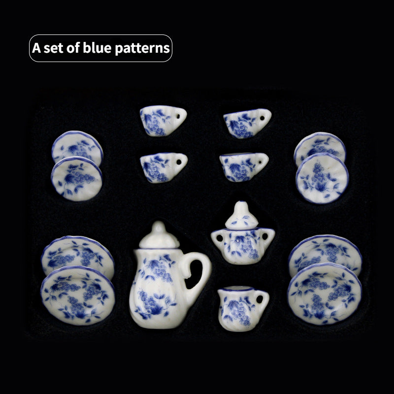 15pcs Mini Ceramic Tea Set Tea Cup Dollhouse Accessory