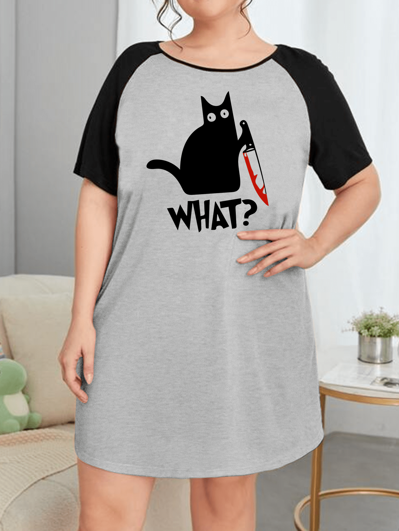 Halloween Cat & Letter Print Tee Sleep Dress