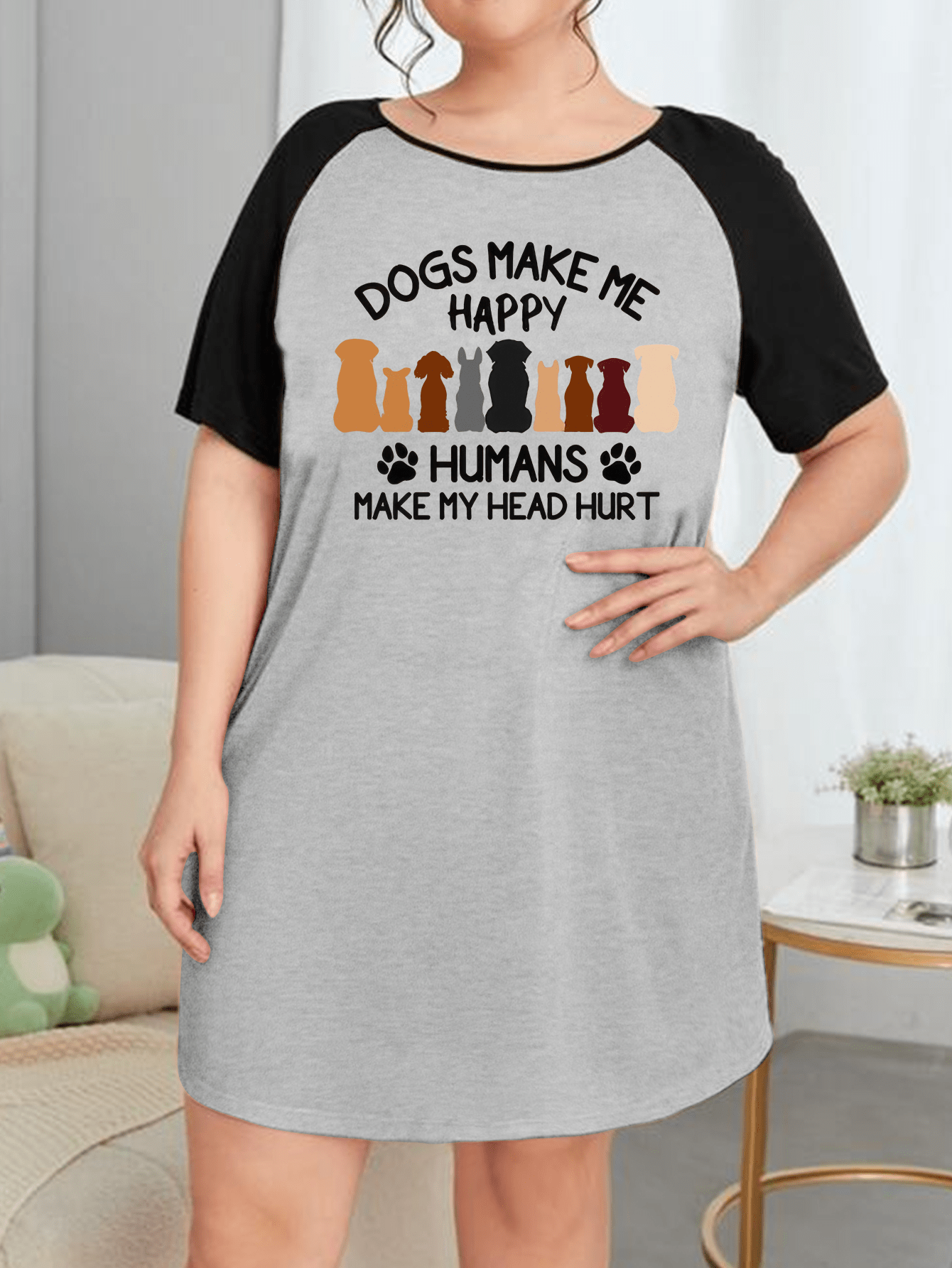 Dogs & Slogan Print Nightdress Tee Sleep Dress