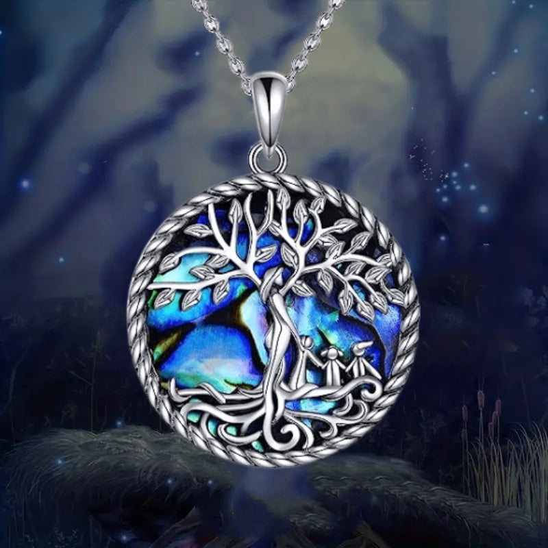 Girl's Tree Of Life Goddess & Child Abalone Shell Pendant Necklace