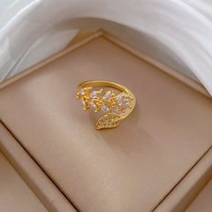 Open Leaf Zircon Micro set Finger Ring - Wedding Jewelry