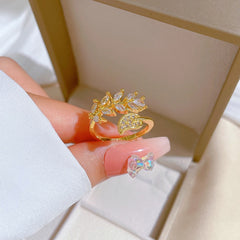 Open Leaf Zircon Micro set Finger Ring - Wedding Jewelry