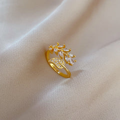 Open Leaf Zircon Micro set Finger Ring - Wedding Jewelry
