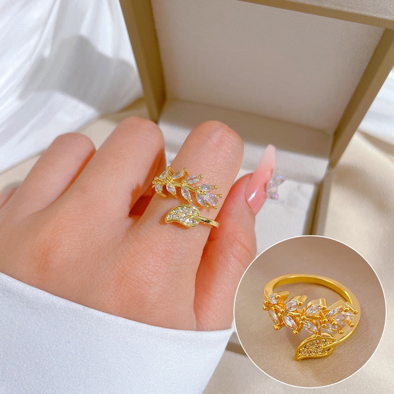 Open Leaf Zircon Micro set Finger Ring - Wedding Jewelry