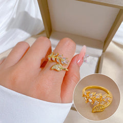 Open Leaf Zircon Micro set Finger Ring - Wedding Jewelry