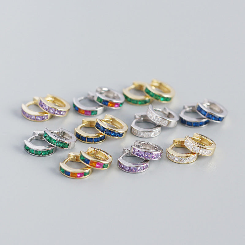 S925 Sterling Silver Hoop Earrings Colorful Zirconium Ear Buckle Jewelry