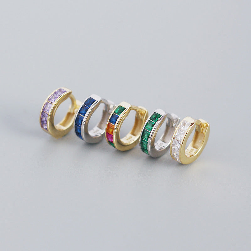 S925 Sterling Silver Hoop Earrings Colorful Zirconium Ear Buckle Jewelry