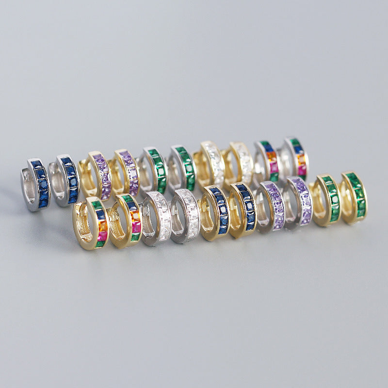S925 Sterling Silver Hoop Earrings Colorful Zirconium Ear Buckle Jewelry