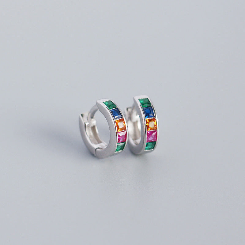 S925 Sterling Silver Hoop Earrings Colorful Zirconium Ear Buckle Jewelry
