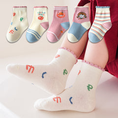 5 Pairs Cartoon Pattern Crew Socks for Baby Girls - Autumn Winter