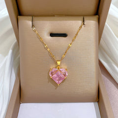 Girl's Peach Heart Rhinestone Necklace - Banquet Dinner Jewelry