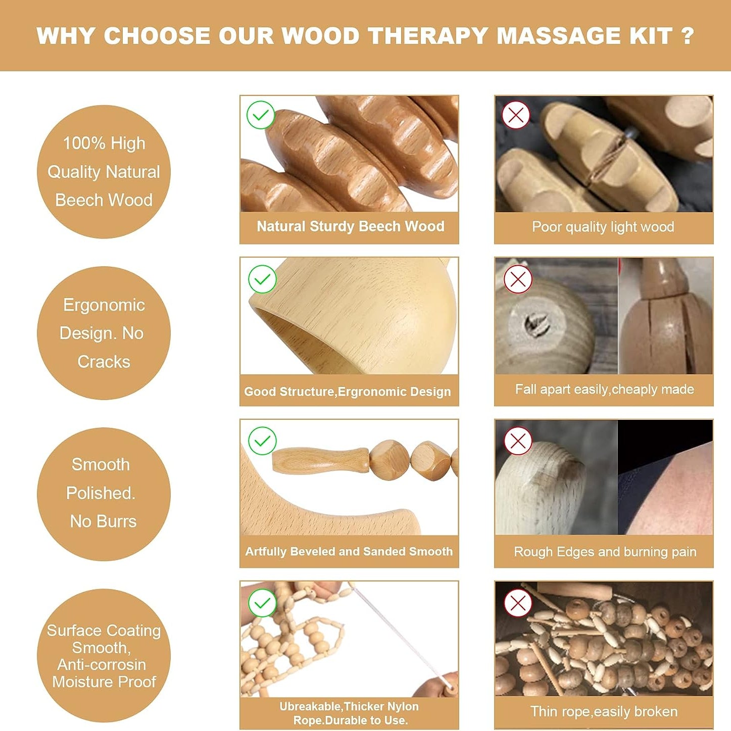 Wood Massage Tools Set Body Sculpting Wood Massager Roller Rope