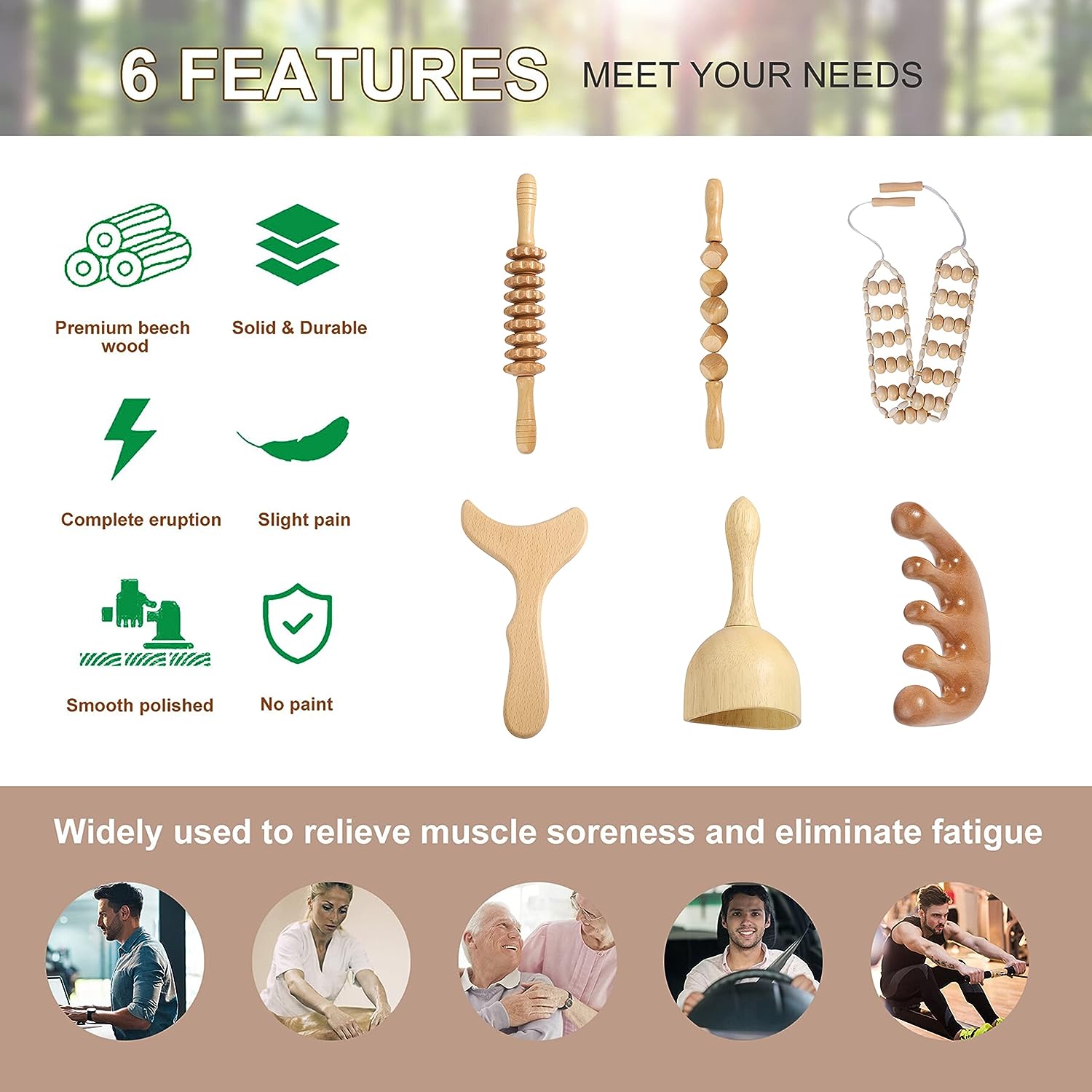 Wood Massage Tools Set Body Sculpting Wood Massager Roller Rope