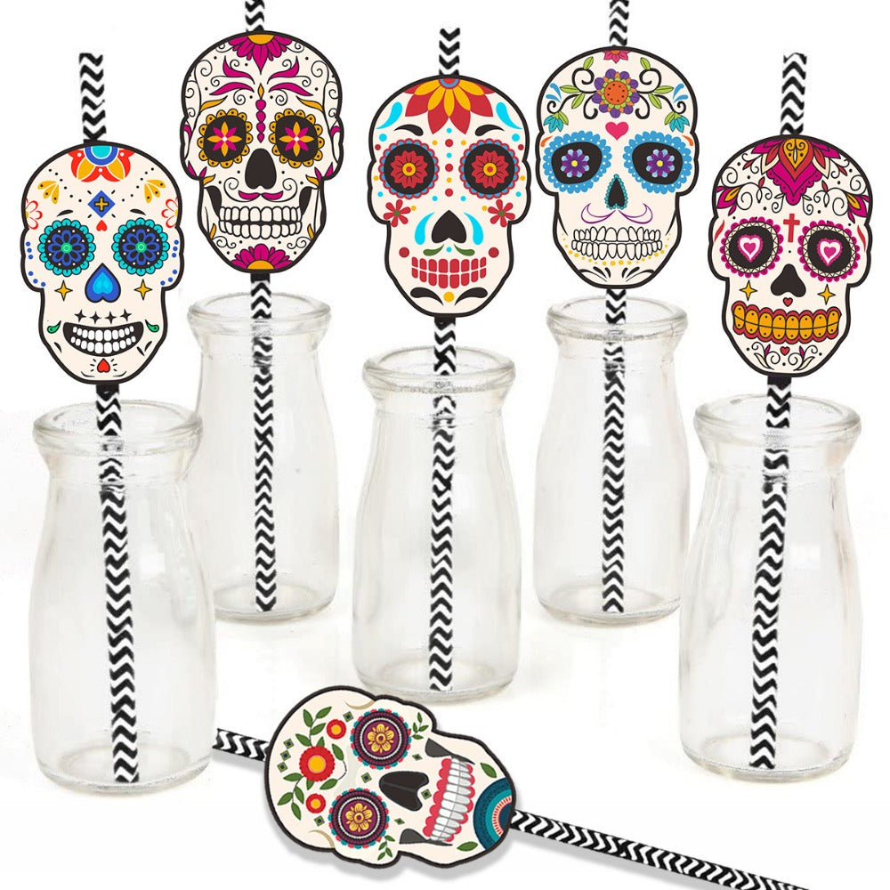 24pcs Mexican Of The Dead Party Paper Straw Insert Halloween Skull