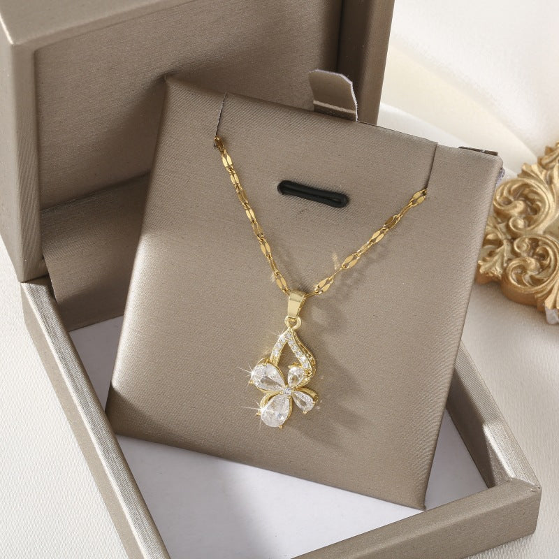 Copper Zircon Four-leaf Clover Pendant Necklace