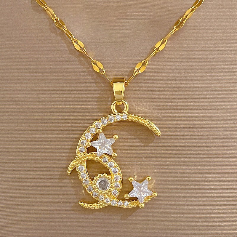 Girl's Double Moon Star Zircon Pendant Necklace - Romantic Wedding Jewelry