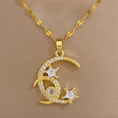 Girl's Double Moon Star Zircon Pendant Necklace - Romantic Wedding Jewelry