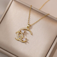 Girl's Double Moon Star Zircon Pendant Necklace - Romantic Wedding Jewelry
