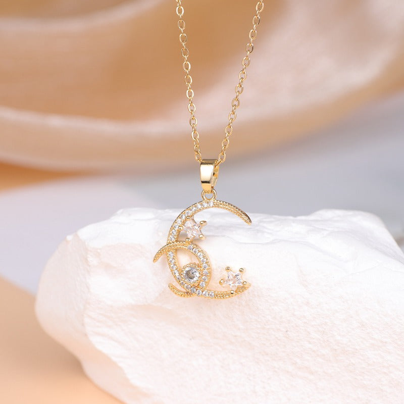 Girl's Double Moon Star Zircon Pendant Necklace - Romantic Wedding Jewelry