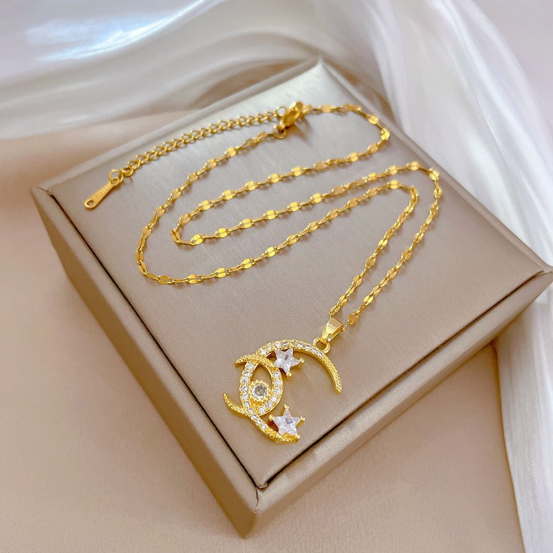Girl's Double Moon Star Zircon Pendant Necklace - Romantic Wedding Jewelry